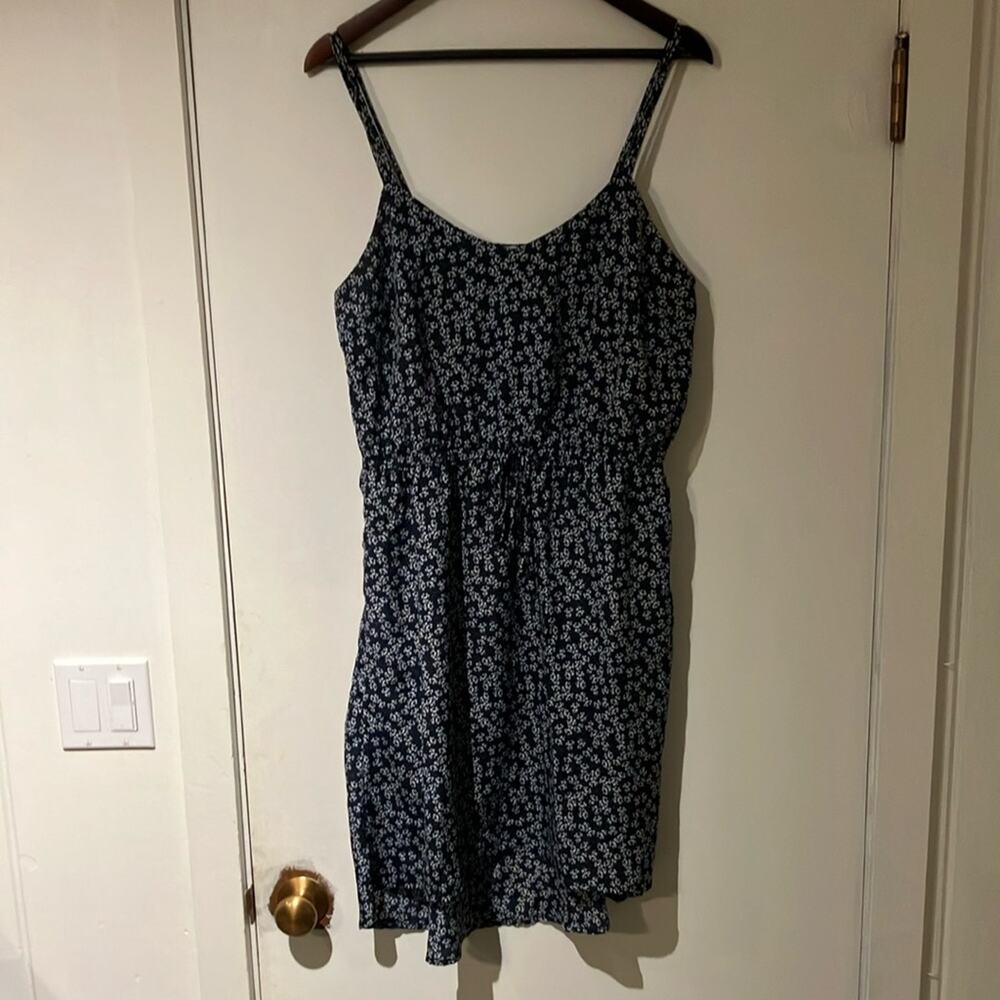 navy and white flowers spaghetti strap dress tall size l large elastic tie waist